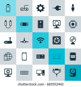 Computer Icons Set. Collection Of Radio Set, Desktop Computer, Internet Network And Other Elements. Also Includes Symbols Such As Wifi, Speaker, Battery.