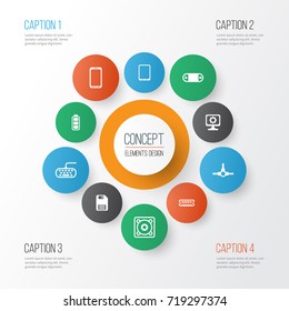 Computer Icons Set. Collection Of Radio Set, Smartphone, Computer Keypad And Other Elements. Also Includes Symbols Such As Dynamic, Phone, Speaker.