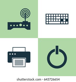 Computer Icons Set. Collection Of Router, Keypad, Power On And Other Elements. Also Includes Symbols Such As Wifi, Modem, Machine.