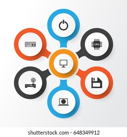 Computer Icons Set. Collection Of Router, Keypad, Motherboard And Other Elements. Also Includes Symbols Such As Monitor, Motherboard, Disk.