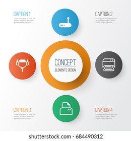 Computer Icons Set. Collection Of Router, File Scanner, Vga Cord And Other Elements. Also Includes Symbols Such As Cable, Printer, Monitor.