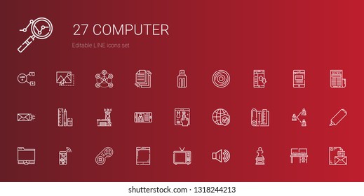 computer icons set. Collection of computer with sculpture, sound, television, tablet, gamepad, navigation, ftp, blueprint, internet, online shop. Editable and scalable computer icons.