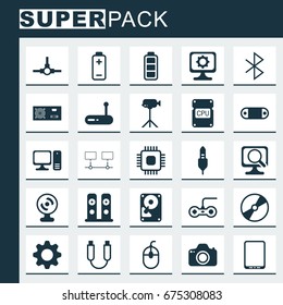 Computer Icons Set. Collection Of Settings, Loudspeakers, Aux Cord And Other Elements. Also Includes Symbols Such As Network, Cable, Distribution.