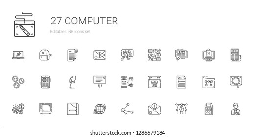 computer icons set. Collection of computer with vector, email, share, network, toga, graphic tablet, working, file, real estate, online shopping. Editable and scalable computer icons.