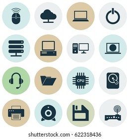 Computer Icons Set. Collection Of Web, Personal Computer, Database And Other Elements. Also Includes Symbols Such As Folder, Cpu, Wifi.