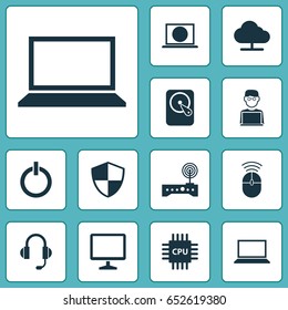 Computer Icons Set. Collection Of Web, Router, Earphone And Other Elements. Also Includes Symbols Such As Screen, Cloud, Button.