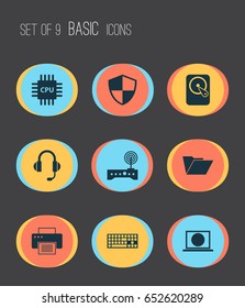 Computer Icons Set. Collection Of Web, Printing Machine, Dossier And Other Elements. Also Includes Symbols Such As Protection, Printer, Microphone.