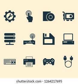 Computer icons set with floppy disk, server, disc and other keypad elements. Isolated vector illustration computer icons.
