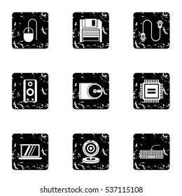 Computer icons set. Grunge illustration of 9 computer vector icons for web