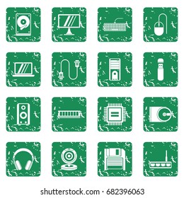 Computer icons set in grunge style green isolated vector illustration