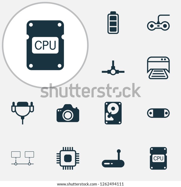 Computer icons set with hard disk, computer\
connection, cpu and other cpu elements. Isolated vector\
illustration computer\
icons.