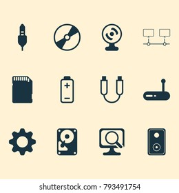 Computer icons set with hdd, connected devices, memory card and other portable memory elements. Isolated vector illustration computer icons.