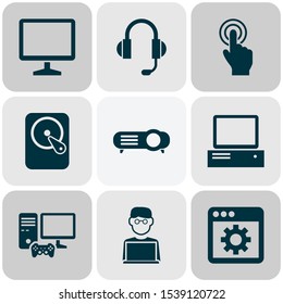 Computer icons set with joystick, man with laptop, touchscreen and other forefinger
elements. Isolated vector illustration computer icons.