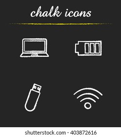 Computer icons set. Laptop, battery charge level, usb flash drive stick and wi fi signal illustrations. Isolated vector chalkboard drawings