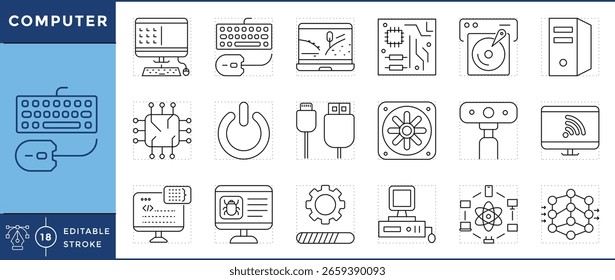 Conjunto de iconos de computadora. Ordenador, ordenador portátil, ratón, procesador, computación cuántica, almacenamiento, CPU, y muchos más. Vector de trazo editable.