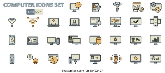 Conjunto de iconos de computadora: iconos de línea que representan la Tecnología y Commu