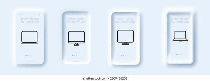Computer icons set. Monitor, PC, computer, laptop. Computer concept. Neomorphism style. Vector line icon for business.