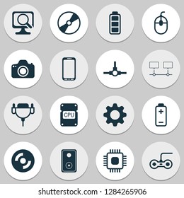 Computer icons set with music speaker, mobile phone, computer connection and other camera elements. Isolated vector illustration computer icons.