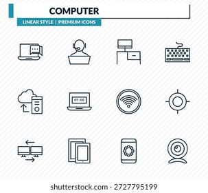 conjunto de ícones do computador - bate-papo online, suporte online, estação de trabalho, calibrar, webcamera outline vetor collection.