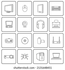 Computer icons set in outline style isolated on white background
