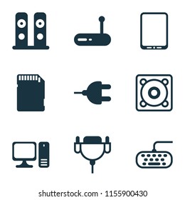 Computer icons set with personal computer, keyboard, tablet phone and other desktop computer elements. Isolated vector illustration computer icons.