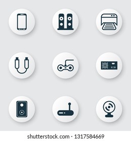 Computer icons set with photocopy machine, mobile phone, webcam and other smartphone elements. Isolated vector illustration computer icons.