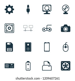 Computer icons set with power supply, photocamera, audio cable and other diskette elements. Isolated vector illustration computer icons.