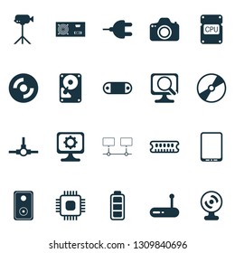 Computer icons set with power supply, computer settings, wireless speaker and other audio device elements. Isolated vector illustration computer icons.