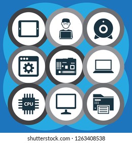 Computer icons set with printing machine, cpu, motherboard and other tab elements. Isolated vector illustration computer icons.