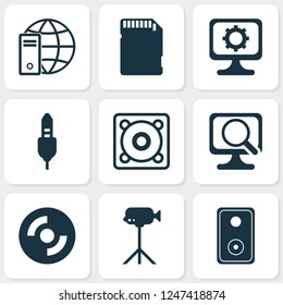 Computer icons set with computer settings, speaker, music speaker and other internet network elements. Isolated vector illustration computer icons.
