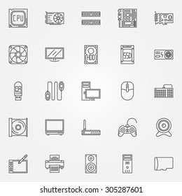 Computer icons set - vector PC symbols of CPU, motherboard, RAM, video card, HDD, SSD, keyboard, power unit, webcam and other components in thin line style