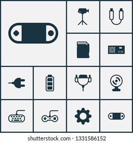 Computer icons set with video camera, sd card, power supply and other portable memory elements. Isolated vector illustration computer icons.