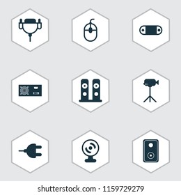 Computer icons set with wireless speaker, audio speaker, monitor cable and other vga cord elements. Isolated vector illustration computer icons.