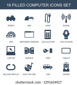 computer icons. Trendy 16 computer icons. Contain icons such as robot, MRI, wire, signal, browser window, calculator, CPU in head, laptop, server. computer icon for web and mobile.