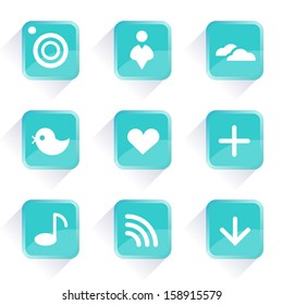 Computer icons. Vector icons and buttons. Social media blue buttons. Web icons and buttons in vector. On line concept. Communication icons. App buttons. Internet concept.
