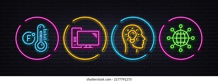 Computer, Idea Head und Fahrenheit Thermometer minimale Linien Symbole. Neon Laser 3D-Lichter. Internationale Globus-Symbole. Für Web, Anwendung, Druck. PC-Komponente, Glühbirne, Temperaturregelung. Vektorgrafik