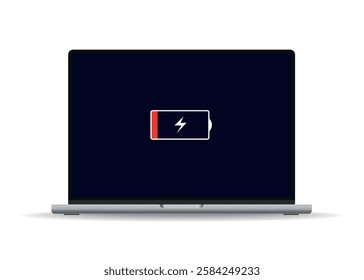 Computer illustration of discharged laptop, minimum battery charge level. Red message on laptop screen. Isolated on white background. Vector