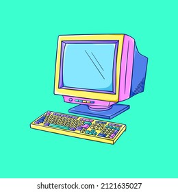 Computer illustration. Retro home computer. Personal computer with keyboard. 90s style vector. 1990s trendy illustration. Nostalgia for the 90s.