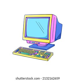 Computer illustration. Retro home computer. Personal computer with keyboard. 90s style vector. 1990s trendy illustration. Nostalgia for the 90s.