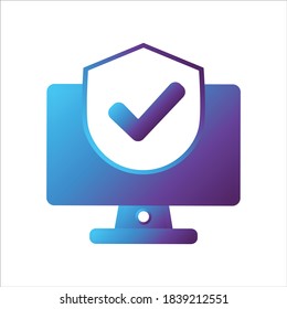 computer illustration. computer with shield and checkmark symbol. Concept of safe computing. gradient style Vector illustration, vector icon concept.