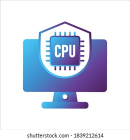 computer illustration. computer with shield and cpu symbol. Concept of safe computing. gradient style Vector illustration, vector icon concept.