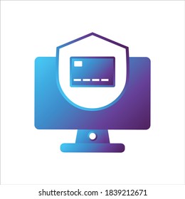 ilustración de equipo. ordenador con símbolo de escudo y tarjeta de crédito. Concepto de computación segura. estilo de degradado Ilustración vectorial, concepto de icono vector.