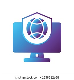 computer illustration. computer with shield and globe symbol. Concept of safe computing. gradient style Vector illustration, vector icon concept.