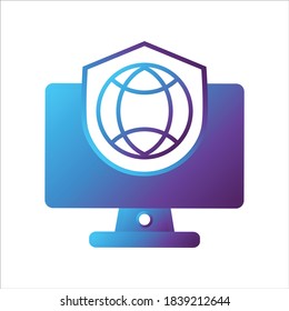 computer illustration. computer with shield and globe symbol. Concept of safe computing. gradient style Vector illustration, vector icon concept.