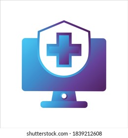 computer illustration. computer with shield and health symbol. Concept of safe computing. gradient style Vector illustration, vector icon concept.