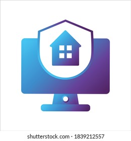 computer illustration. computer with shield and home symbol. Concept of safe computing. gradient style Vector illustration, vector icon concept.