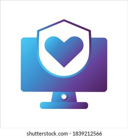 ilustración de equipo. computadora con escudo y símbolo de amor. Concepto de computación segura. estilo de degradado Ilustración vectorial, concepto de icono vector.