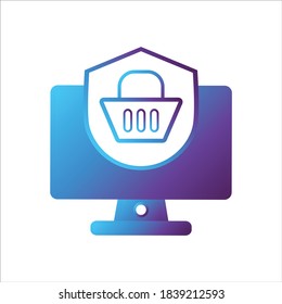 computer illustration. computer with shield and shoping chart symbol. Concept of safe computing. gradient style Vector illustration, vector icon concept.