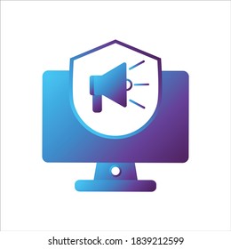 ilustración de equipo. ordenador con símbolo de escudo y sonido. Concepto de computación segura. estilo de degradado Ilustración vectorial, concepto de icono vector.