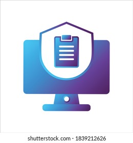 computer illustration. computer with shield and task symbol. Concept of safe computing. gradient style Vector illustration, vector icon concept.
